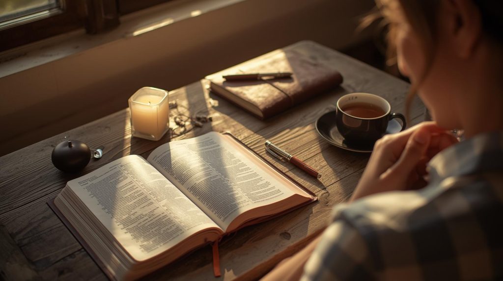 a peaceful morning scene with an open bible on a wooden table.