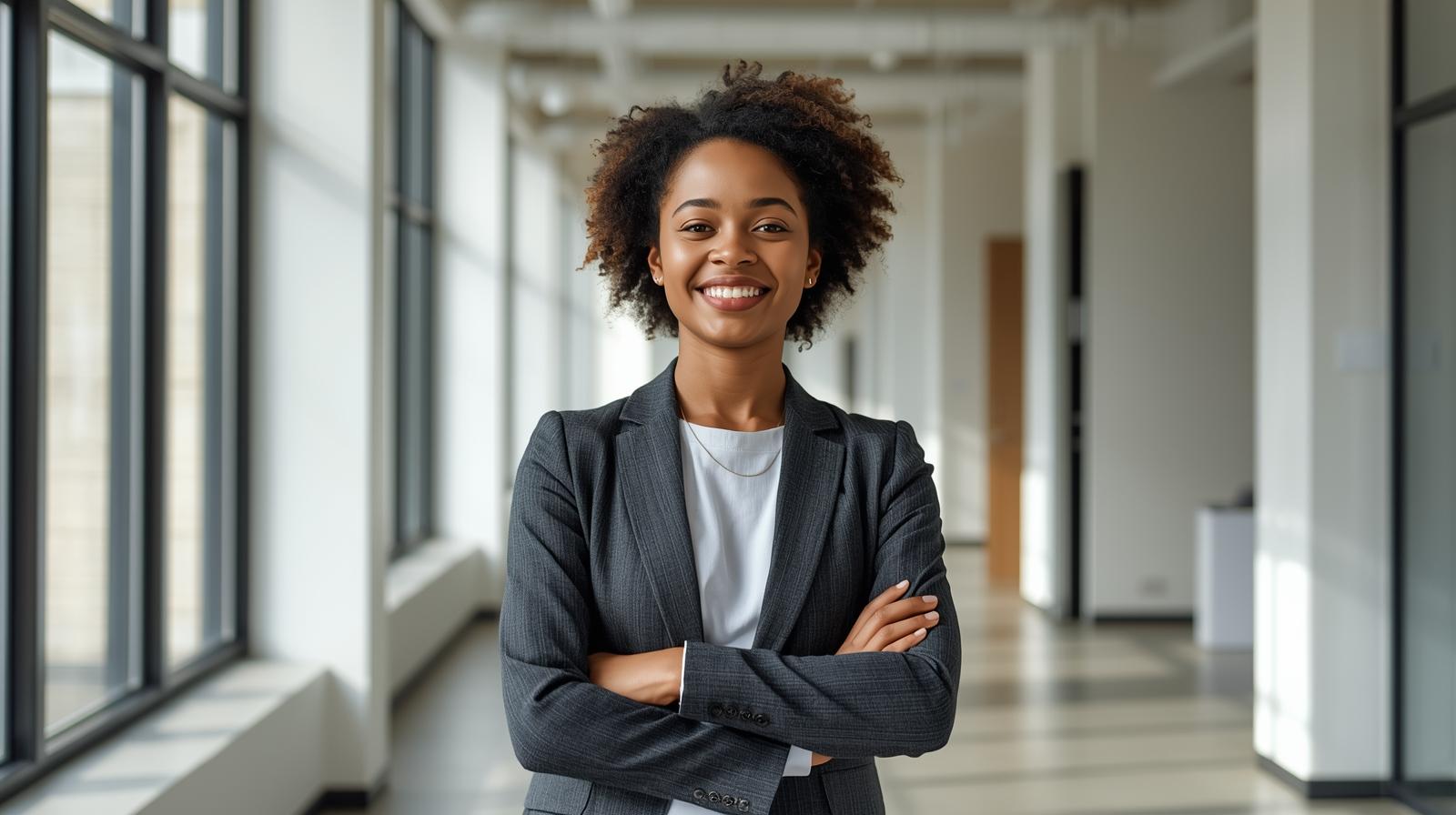 a realistic photo of a confident young woman standing in a bright, modern environment (such as an office or outdoor city setting), looking inspired and hopeful