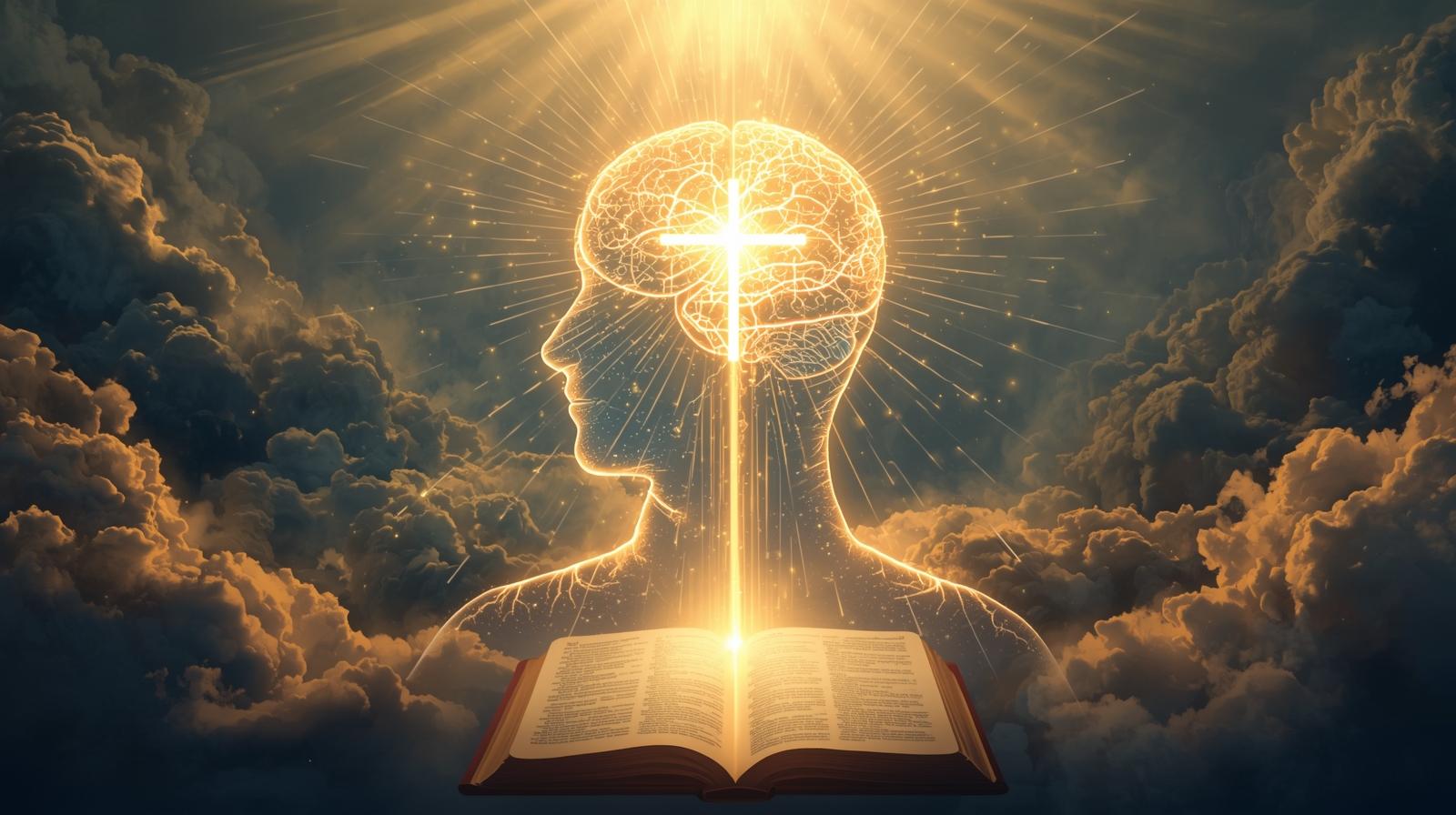 an open bible shines below, emitting golden light that fl